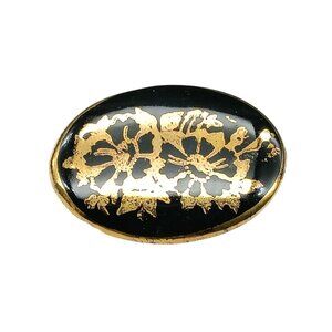 Vintage Gold & Black Floral Oval Brooch Porcelain Lapel Pin